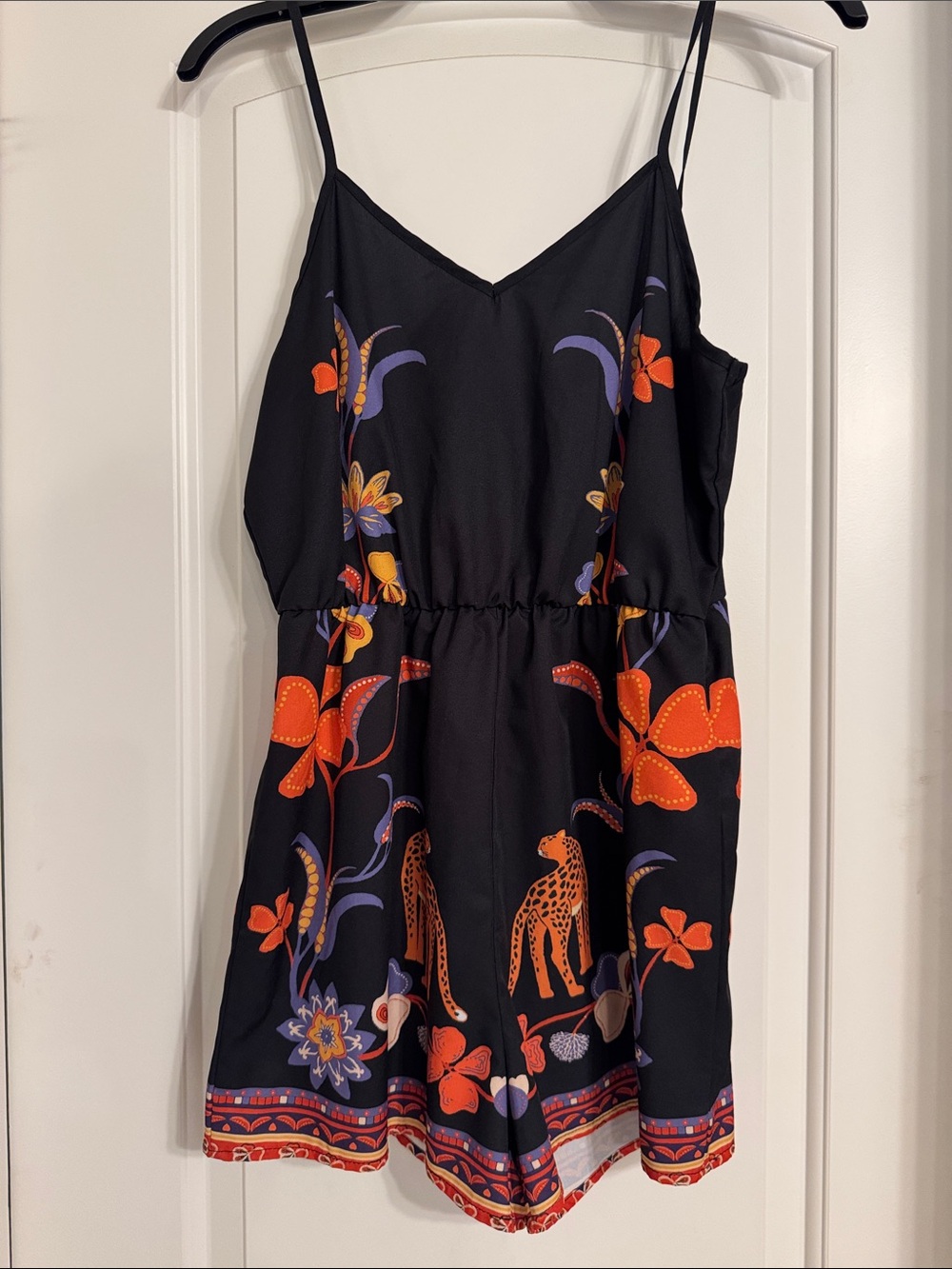 SHEIN Black Romper with Orange & Purple Floral Print